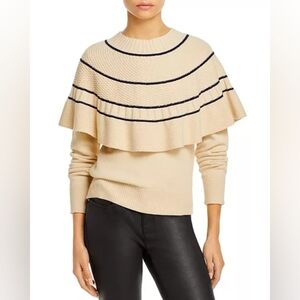 Rebecca Taylor Cream & Black Ruffle Knit Striped Cape Bib Sweater